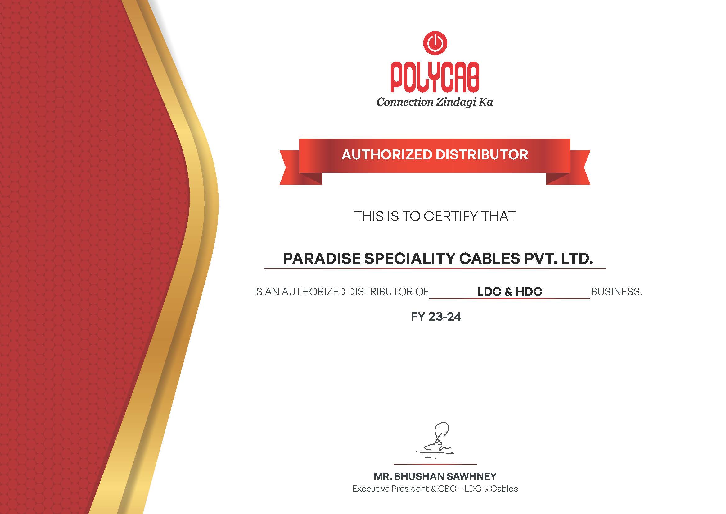 Polycab Authorized Distributor Certificate